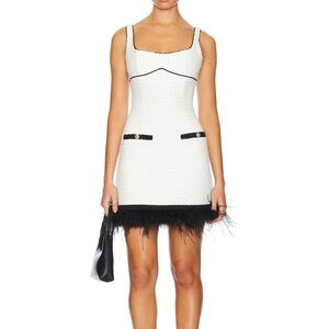 SAYLOR White Tweed Mini Dress with Black Trim and Feather Hemline